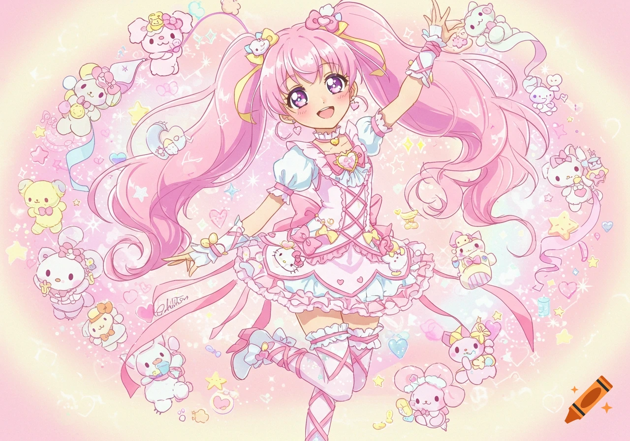 A cute anime magical girl with pink twintails and a frilly pink-and-white dress adorned with Hello Kitty motifs, surrounded by sparkles and plushies, in a vibrant, candy-like style.