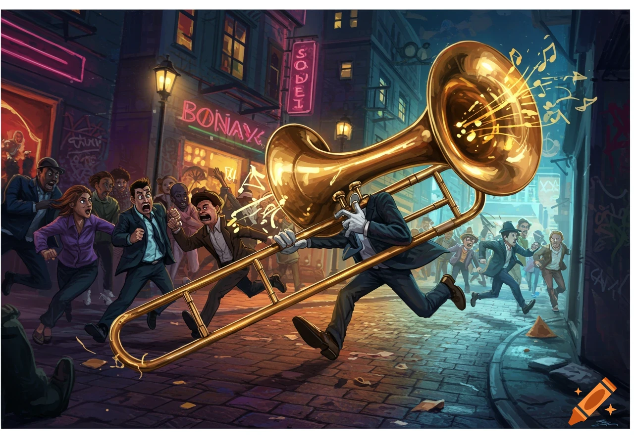 Cartoon of a man with a trombone head running and playing music while being chased by a scared crowd down a vibrant, neon-lit city street.