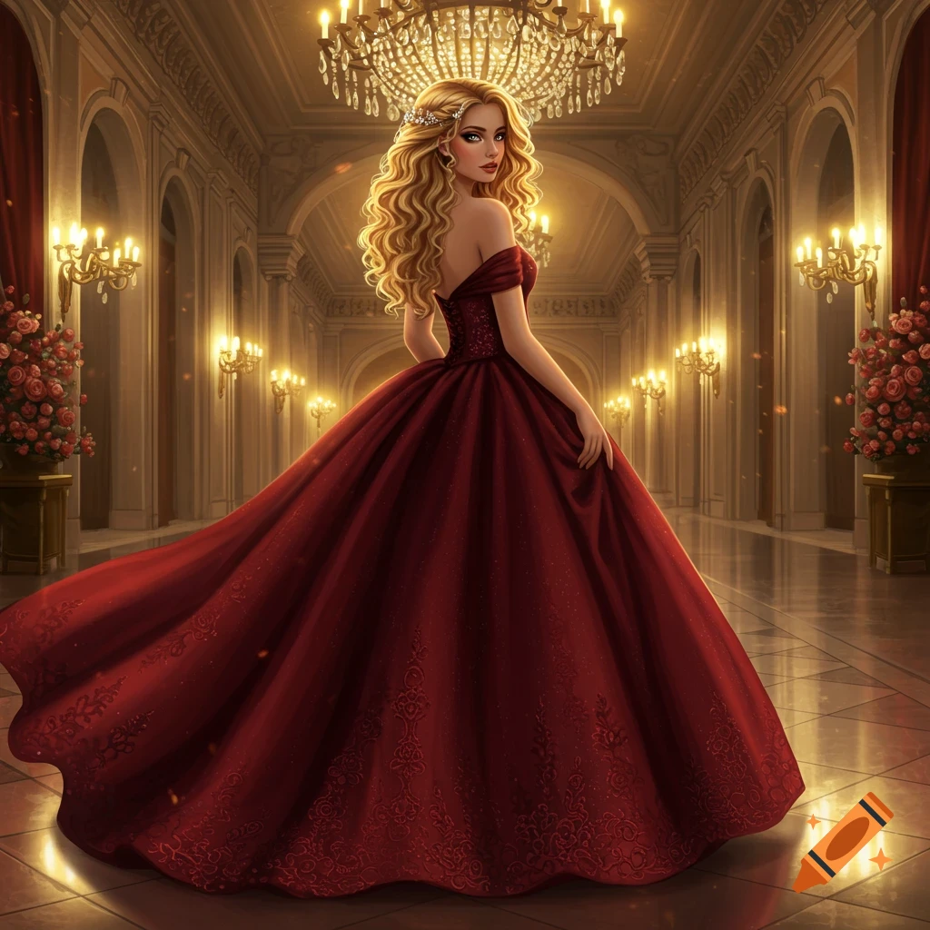 An elegant blonde woman in a flowing deep red ball gown poses in a grand, chandelier-lit hall.