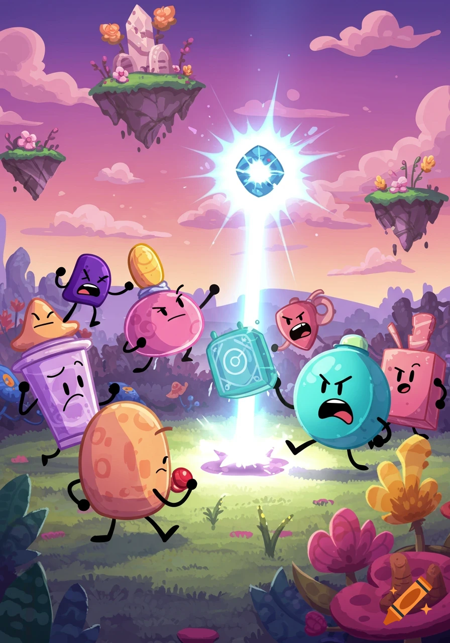 Vibrant cartoon of anthropomorphic objects reacting to a glowing gem's light beam in a fantasy landscape with floating islands.