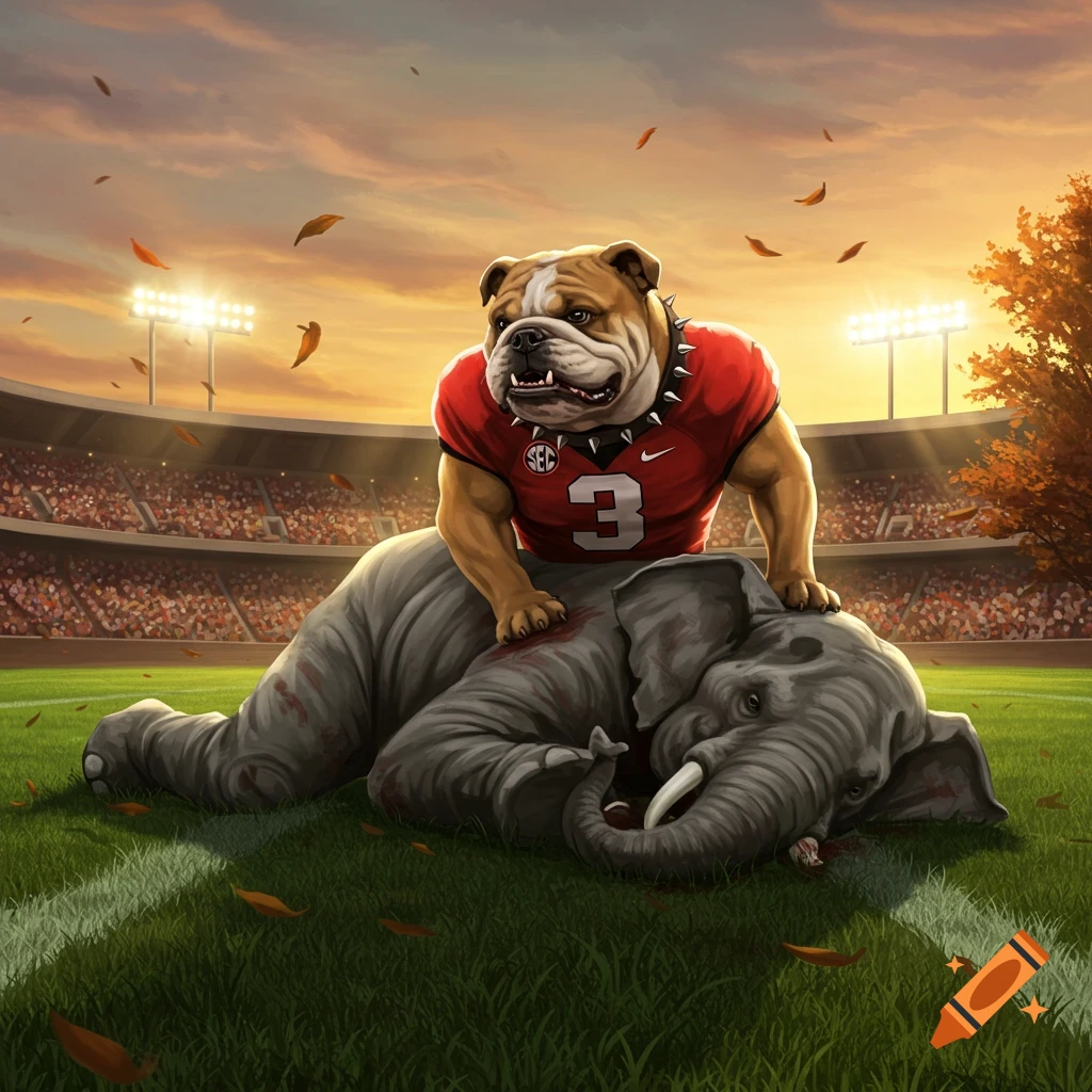 A cartoon bulldog in a red football jersey with number 3 stands over a defeated elephant on a football field at sunset.