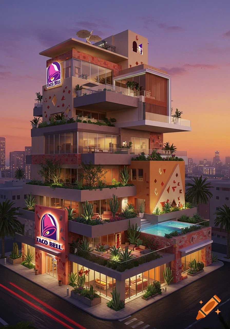 A modern, multi-story Taco Bell themed high-rise apartment building at sunset with balconies, lush greenery, and a rooftop pool. Photorealistic style.