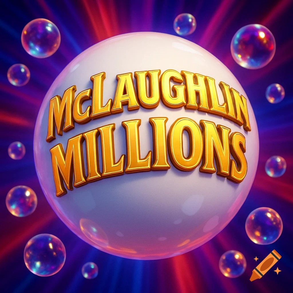 Shiny white ball with 'MCLAUGHLIN MILLIONS' in gold text, surrounded by colorful light rays and reflective bubbles, in a lottery style.