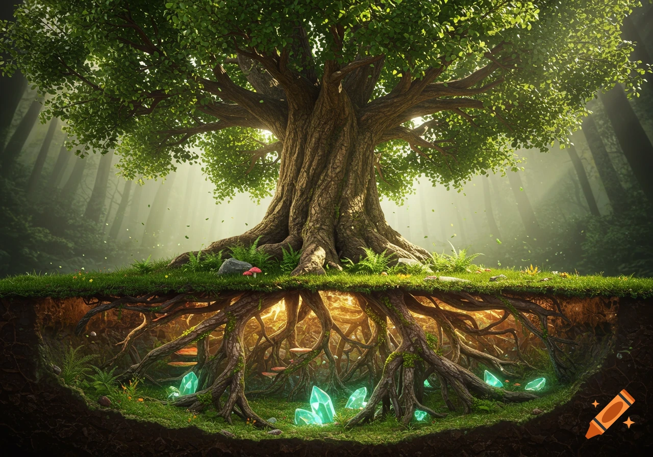 A majestic tree with exposed roots extending underground, where glowing teal crystals reside, set in a misty, sunlit forest.