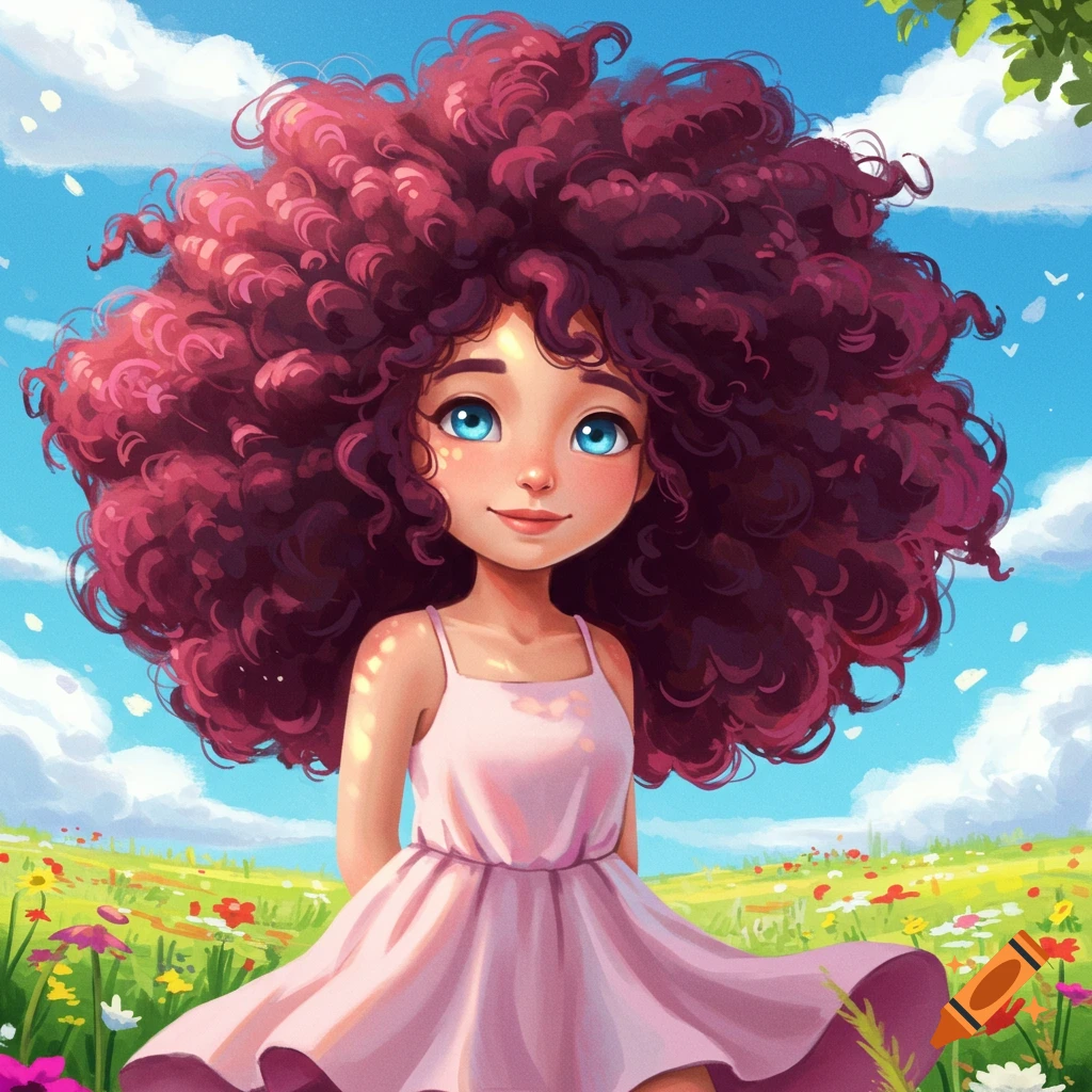A stylized illustration of a girl with puffy dark pink curly hair and blue eyes, wearing a light pink dress, standing in a field of wildflowers under a blue sky.