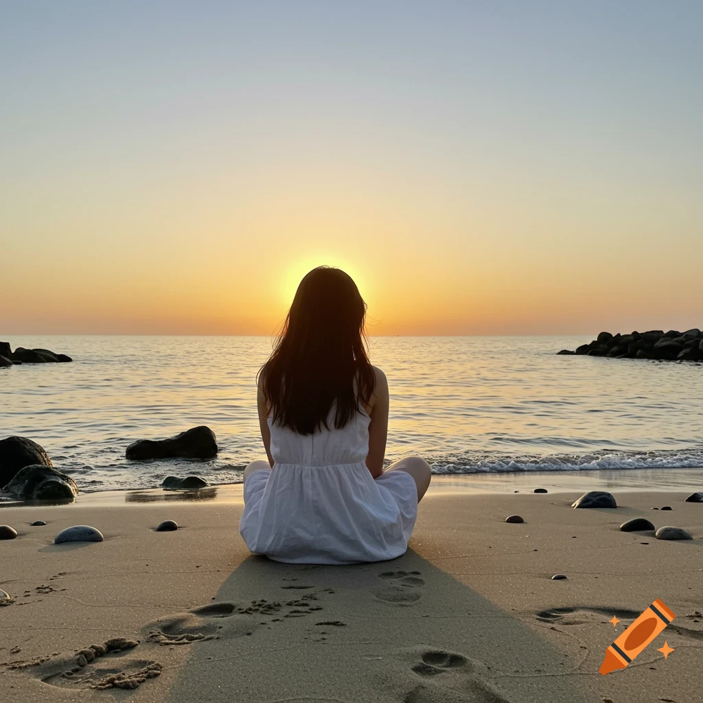 A person sits on a sandy beach, facing away from the camera, watching the sunset over the ocean.