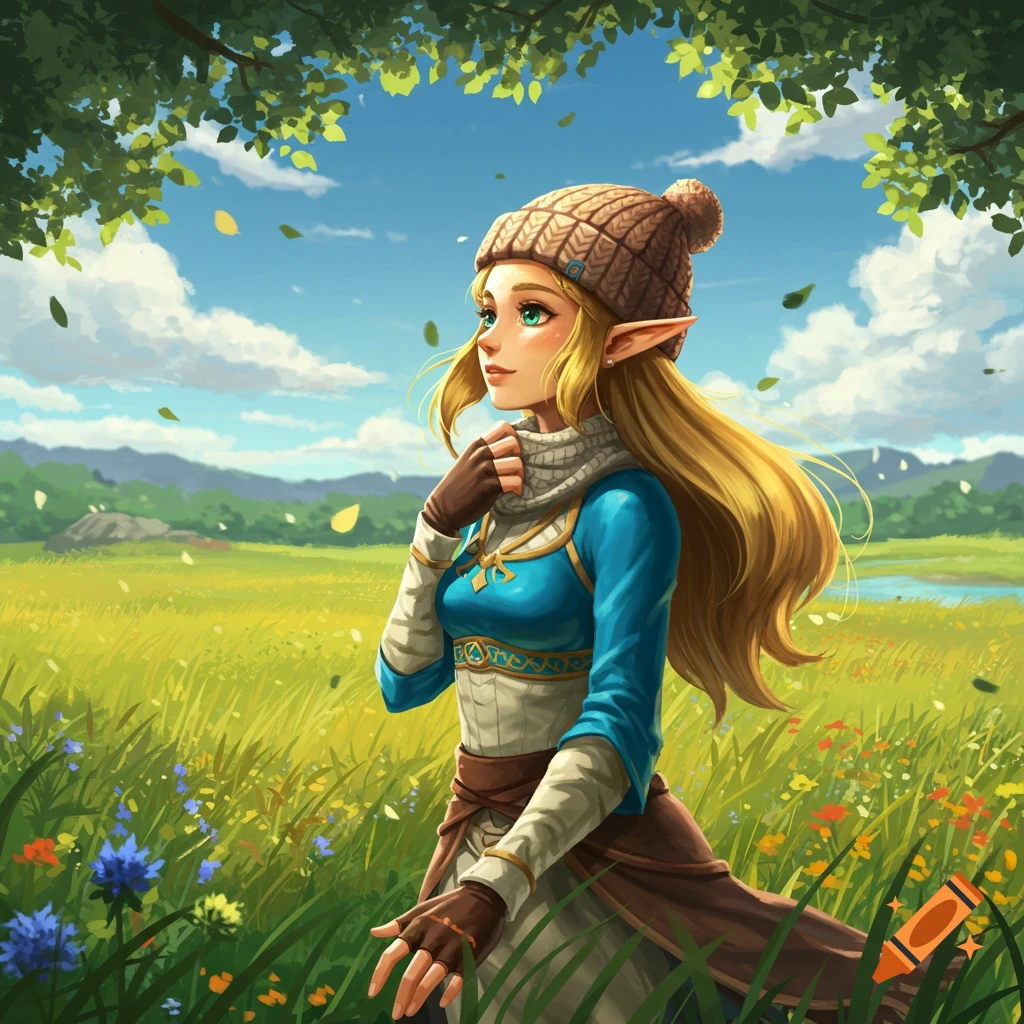Animated Zelda in a beanie in a vibrant green field under a tree, looking off to the side with falling leaves.
