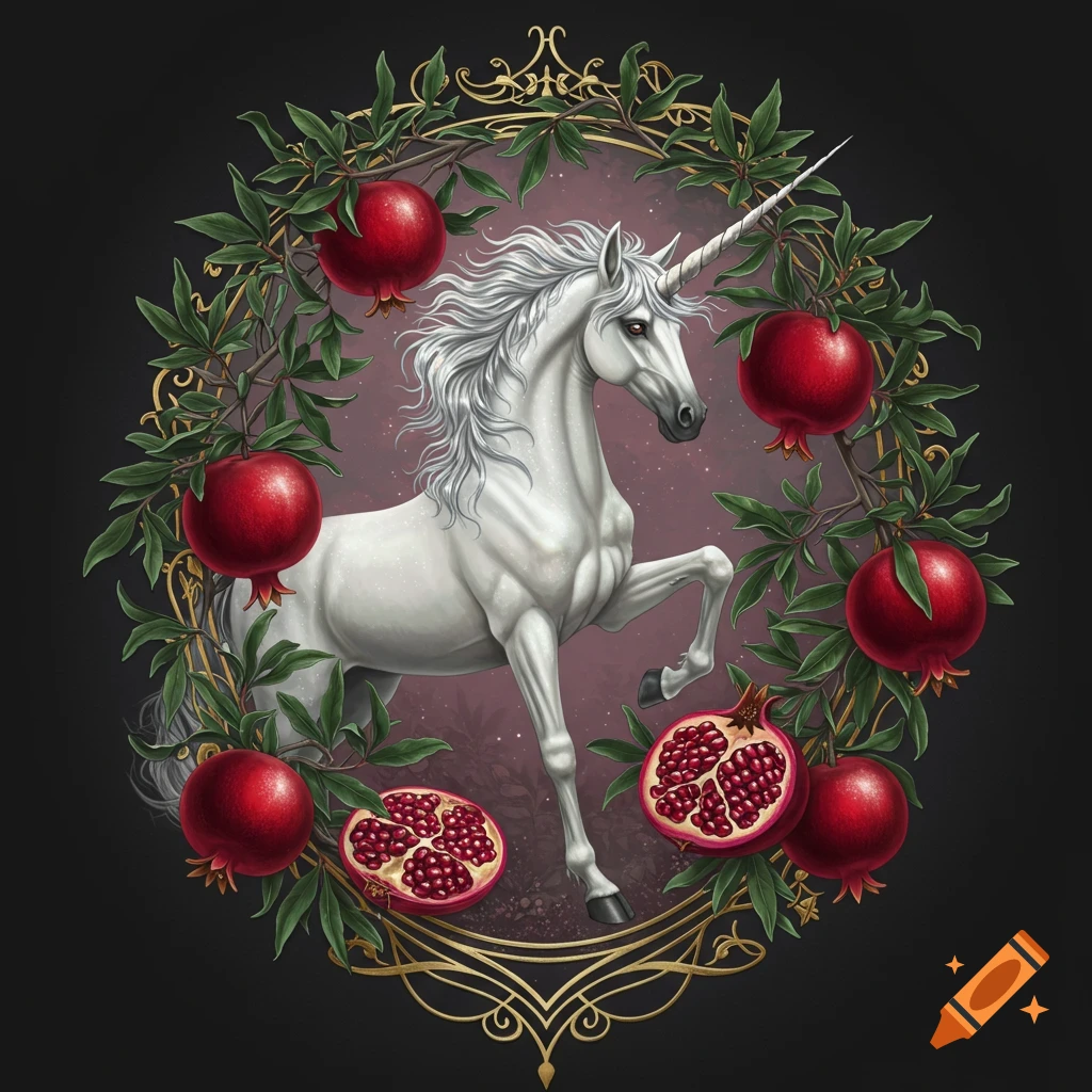 A majestic white unicorn in a decorative gold and green wreath with red pomegranates, some sliced open, on a dark background.