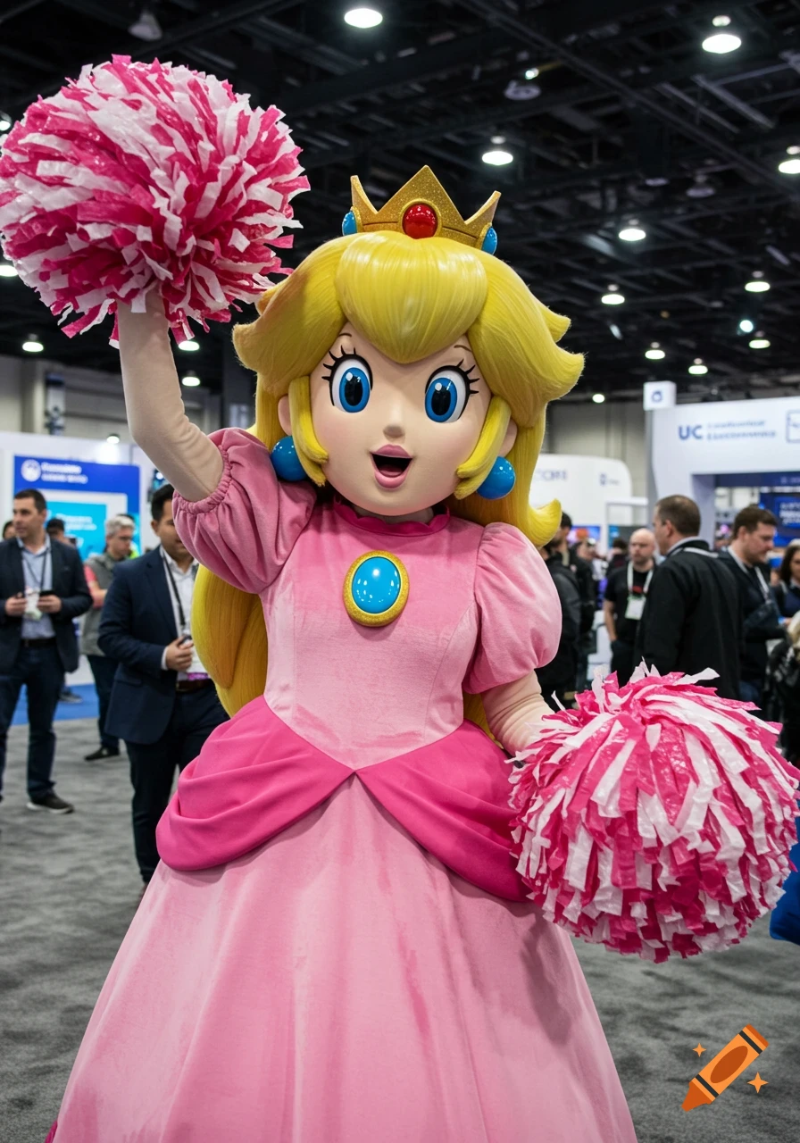 A photorealistic image of a person dressed as Princess Peach in a pink gown, holding two pink and white pom-poms at a busy convention.
