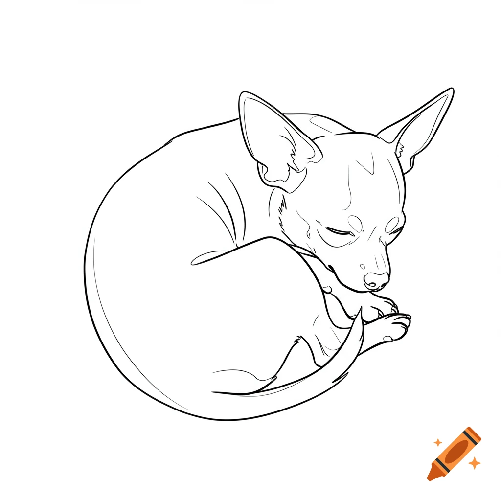 A simple black and white line drawing of a short-haired Chihuahua terrier dog curled up, asleep.