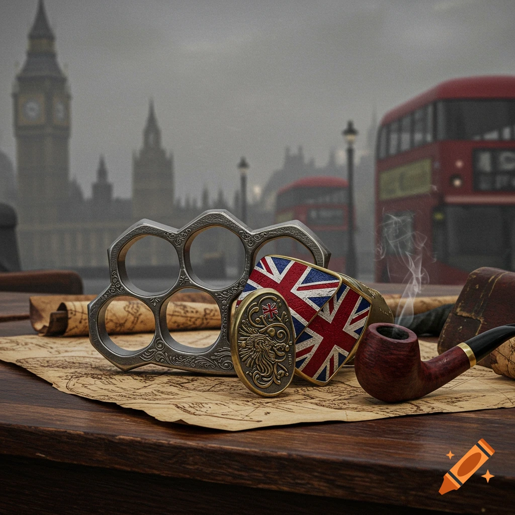 A photorealistic still life featuring brass knuckles, a Union Jack flag buckle, and a smoking pipe on a map, with a blurred London skyline in the background.