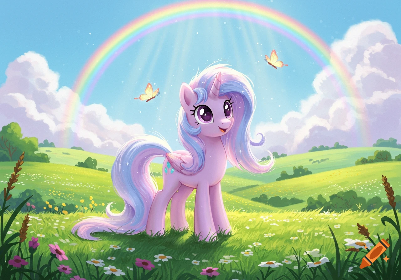 A pink unicorn with a sparkling pastel mane stands in a sunny green meadow with flowers, butterflies, and a rainbow overhead.