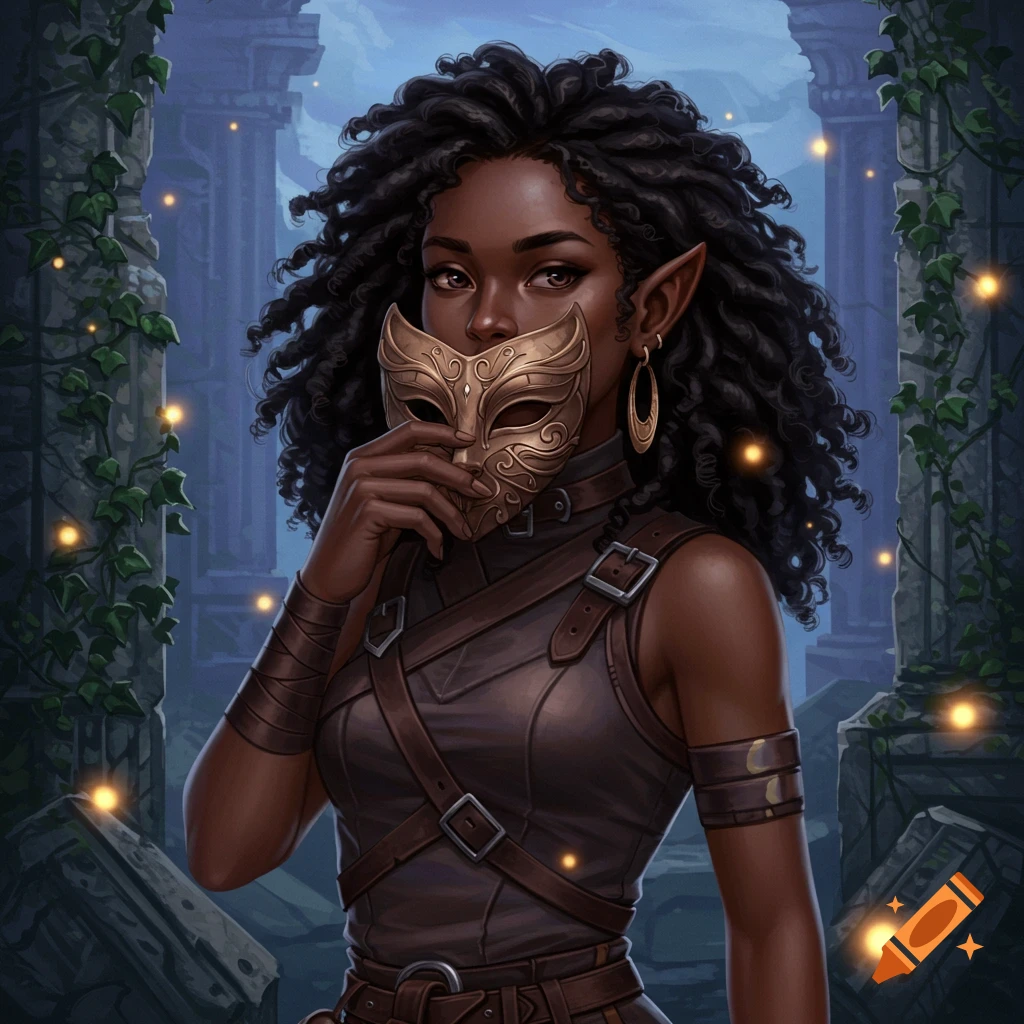 Dark-skinned woman with curly hair and pointed ears holding a golden mask in a fantasy ruin with glowing lights.