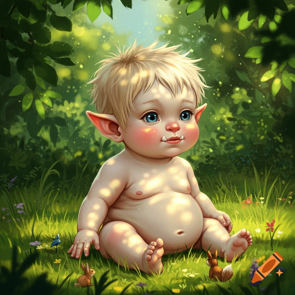 Whimsical illustration of a cute, blonde baby orc with large ears and tusks, sitting naked in a sunny forest with small bunnies.
