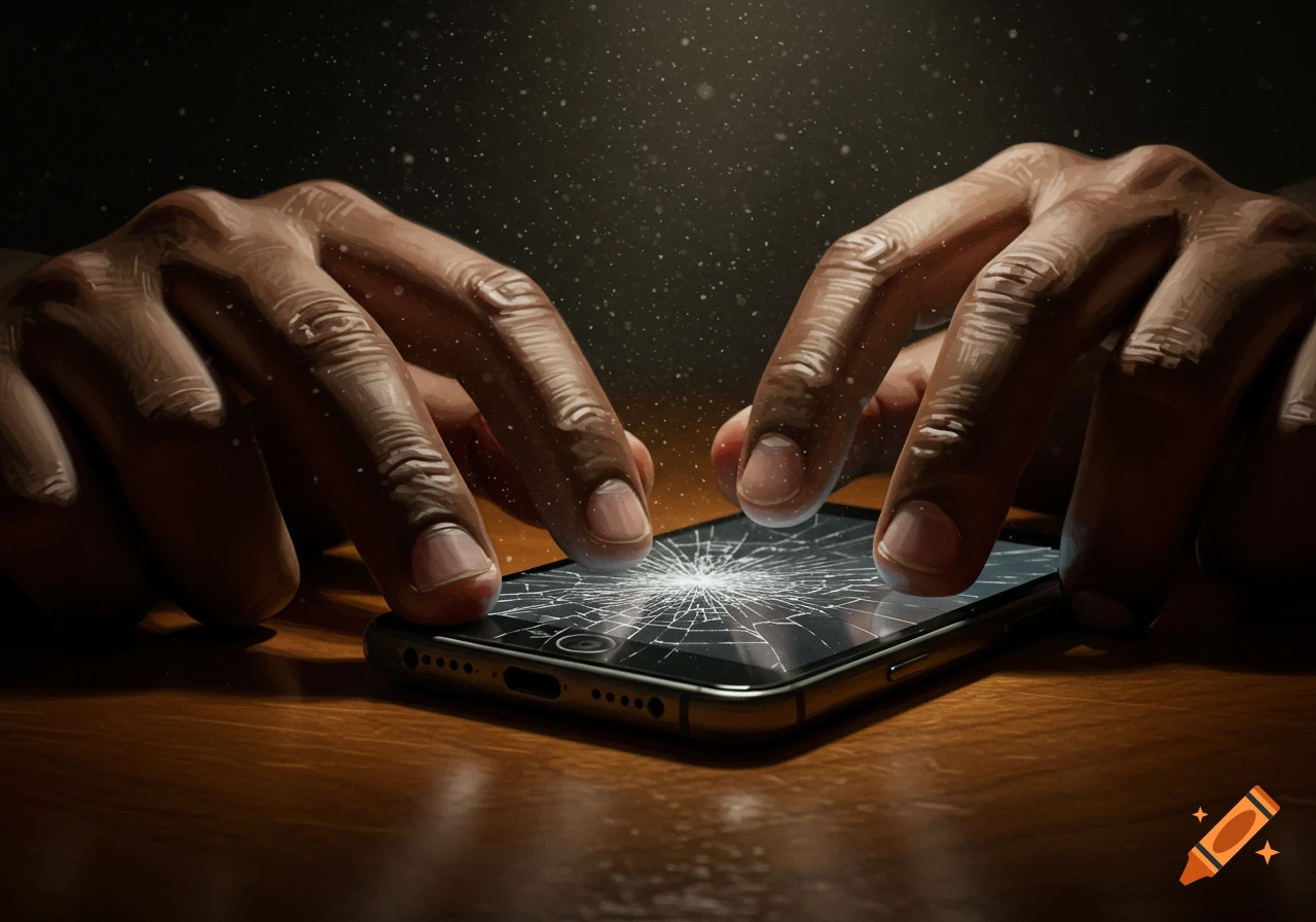 Close-up of two dark hands reaching towards a smartphone with a severely cracked screen on a dark wooden table, digital art.