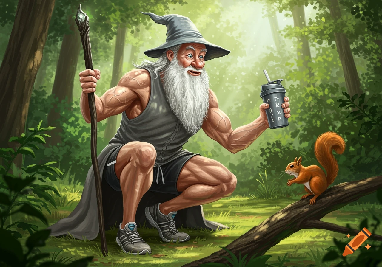 A muscular wizard in a hat, tank top, and shorts squats in a forest, holding a staff and protein shaker, looking at a squirrel. Cartoon style.