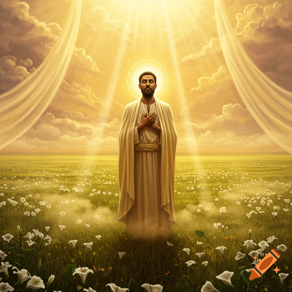 A serene man with a halo in a white robe stands in a field of white lilies under golden sun rays and clouds.