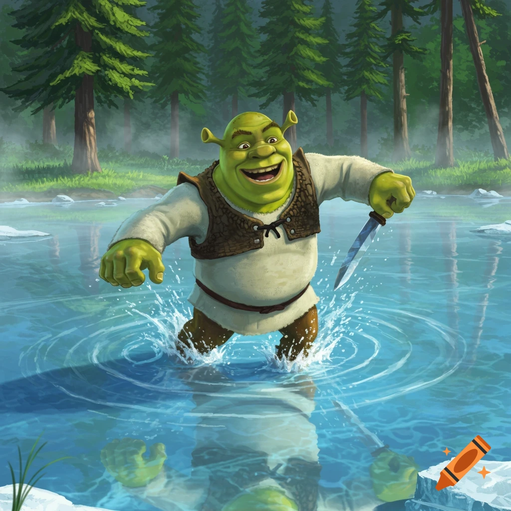 Shrek, holding a dagger, splashes through water in a forest, smiling widely in an illustrative style.