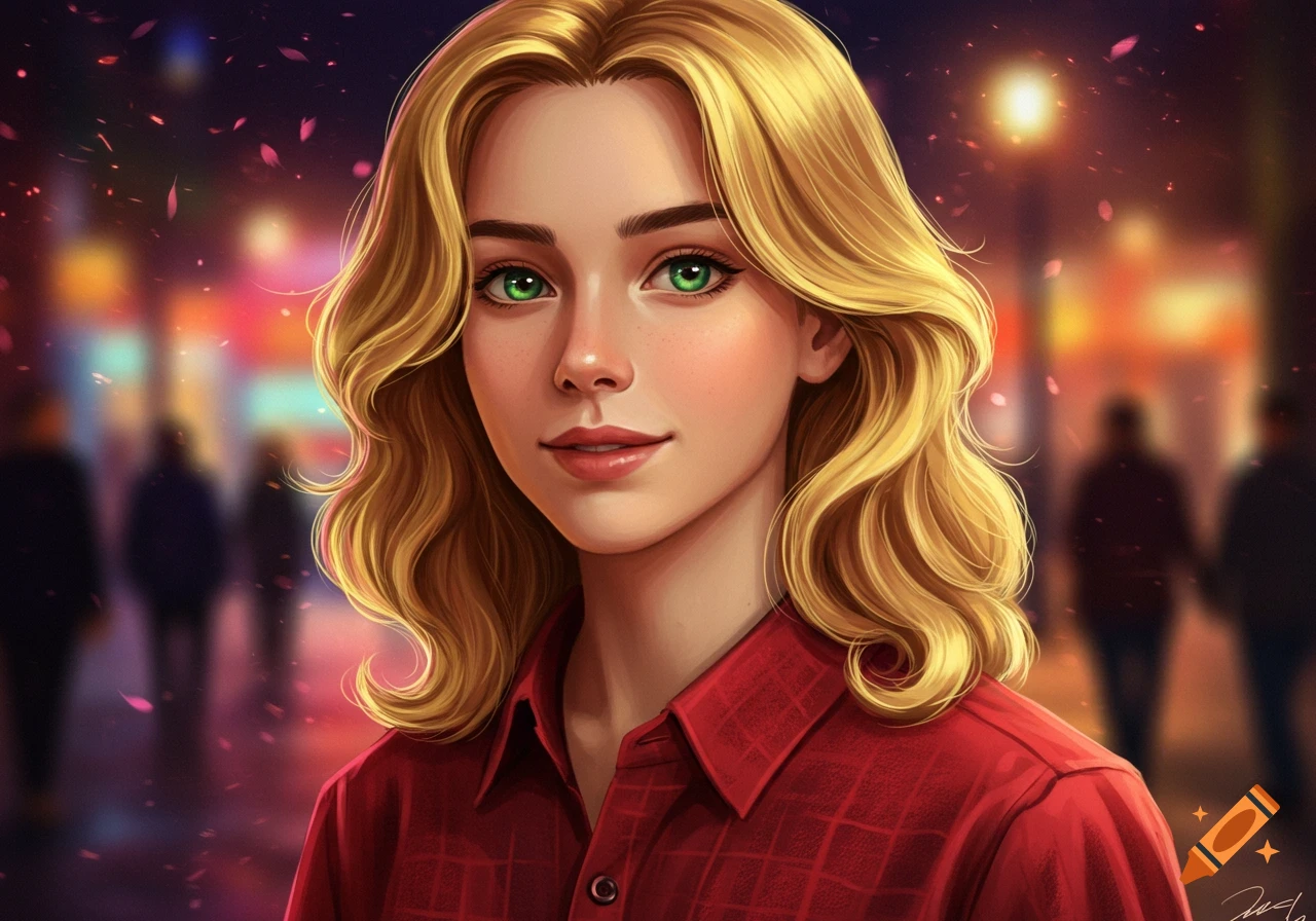 A digital art portrait of a young woman with blonde hair and striking green eyes, wearing a red plaid shirt, against a blurred city night background with bokeh lights.