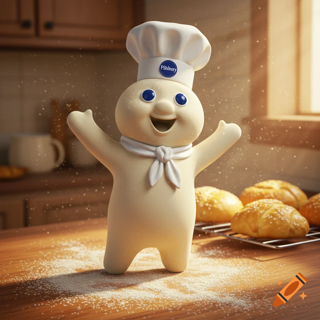 A cheerful white dough-like character in a chef's hat with a blue logo stands in a rustic kitchen, covered in flour, next to fresh bread.