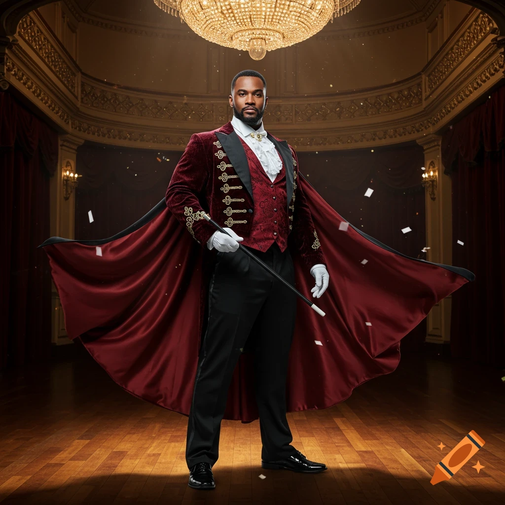 Photorealistic image of a magician in a red velvet suit and flowing cape, holding a wand on a grand stage under a chandelier.
