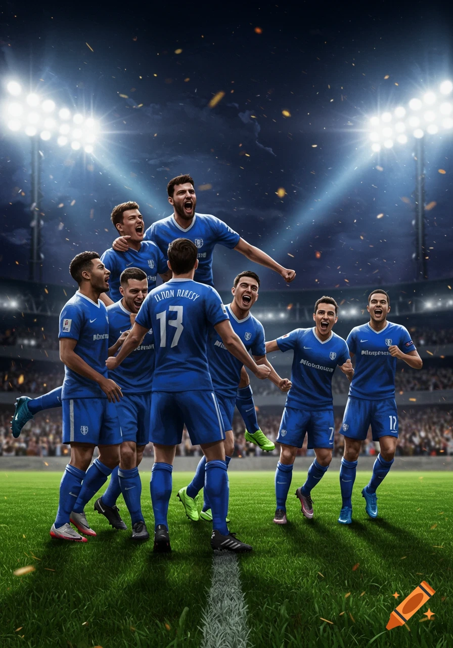 A group of joyous soccer players in blue uniforms celebrating on a field at night under bright stadium lights, with confetti in the air.