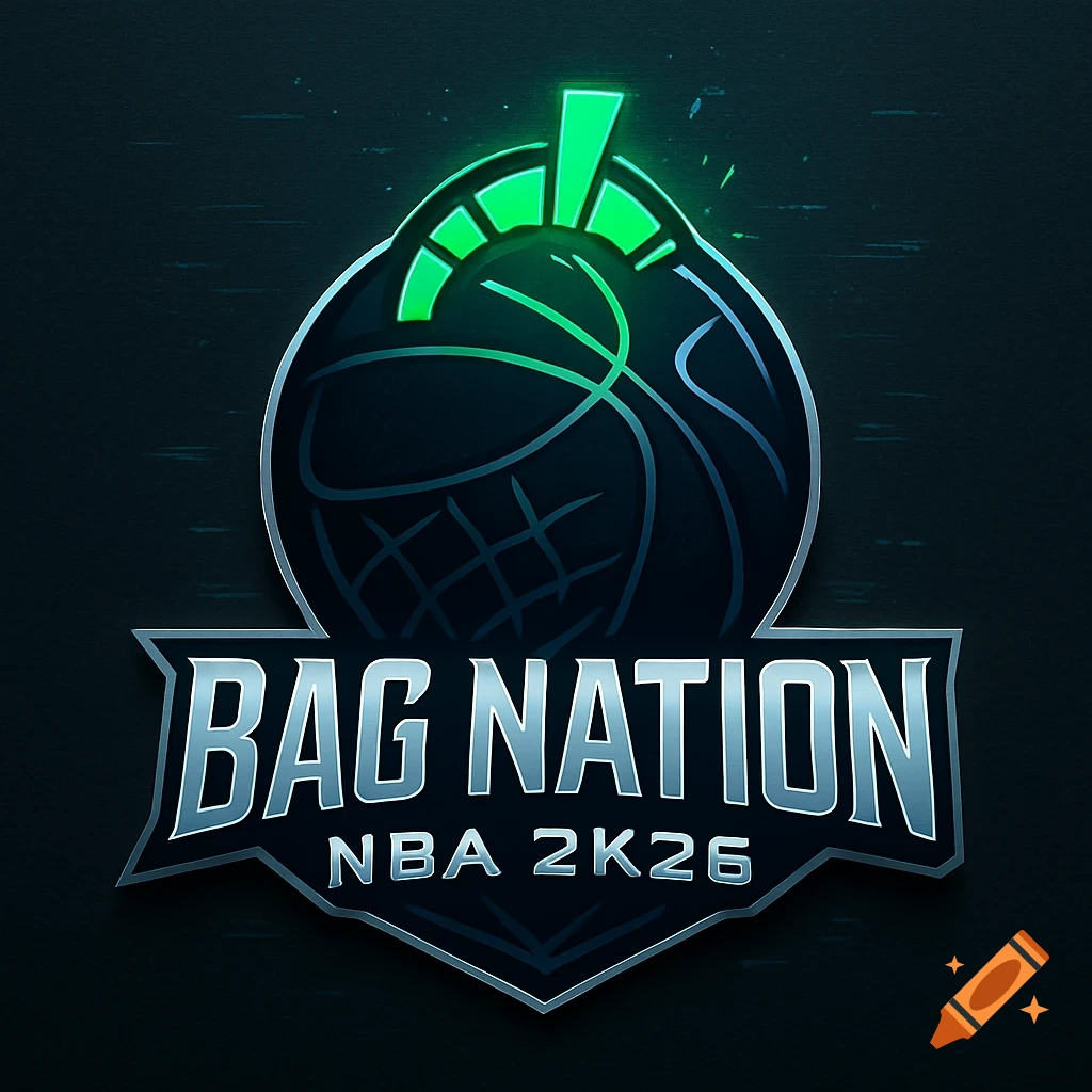 Glossy, metallic logo for Bag Nation NBA 2K26, featuring a basketball with a green release meter.