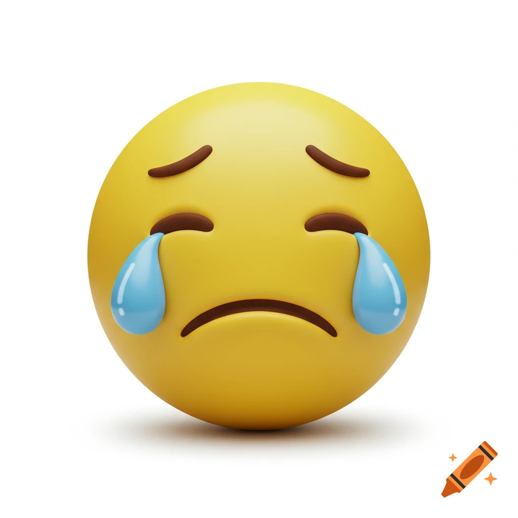 A 3D render of a yellow crying emoji with two blue tears, set against a white background.