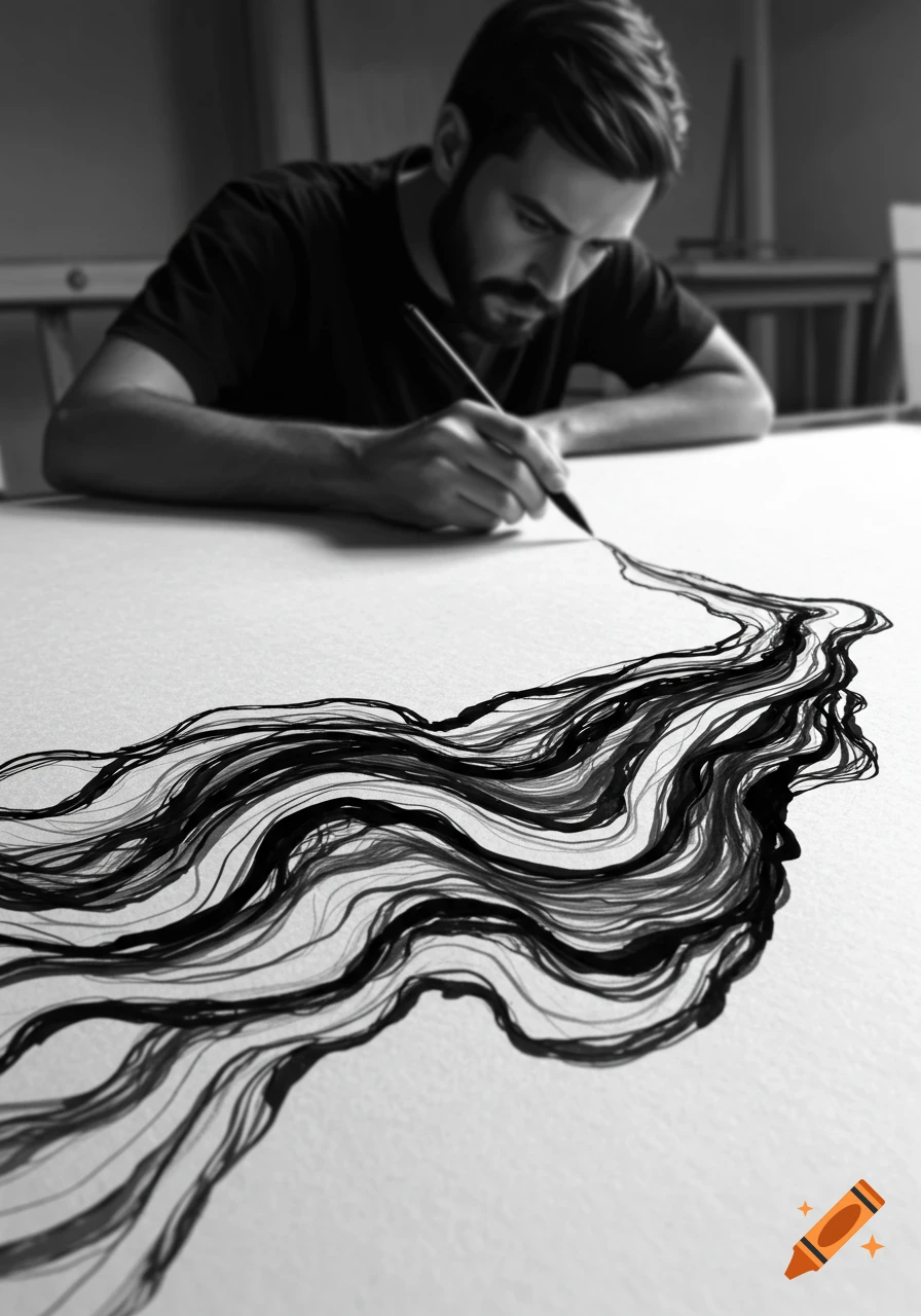 Black and white photo of a man painting abstract black ink lines on paper.