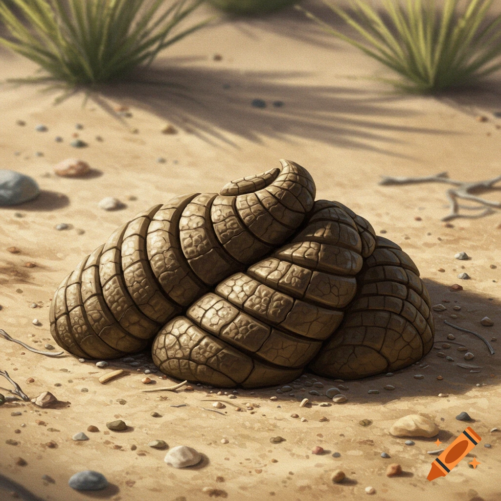 Photorealistic image of a coiled armadillo poop on sandy ground with desert plants.