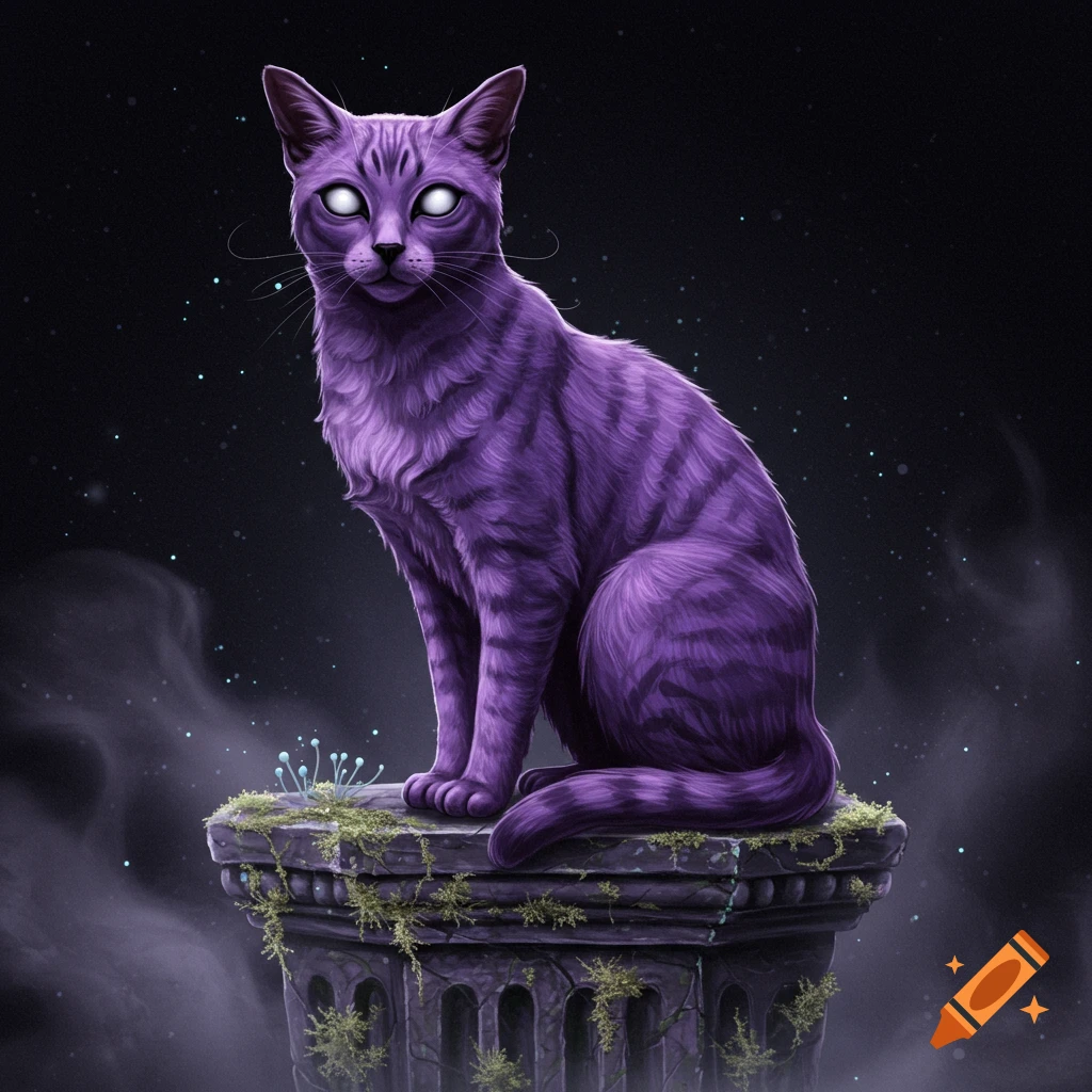 A purple cat with glowing white eyes sits on a mossy stone pedestal in a dark, misty environment with sparkling lights, in a digital art style.