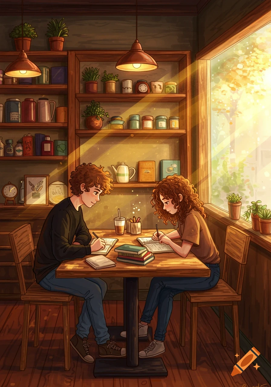 Illustration of a boy and girl with curly hair studying at a wooden table in a sunlit cafe.