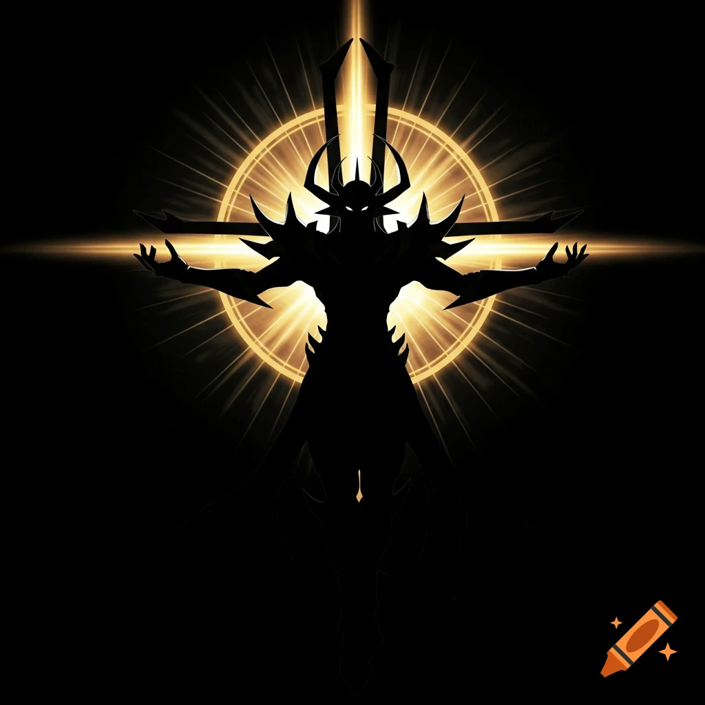 Black silhouette of a horned monster with extended arms, set against a radiant golden cross and halo on a dark background.