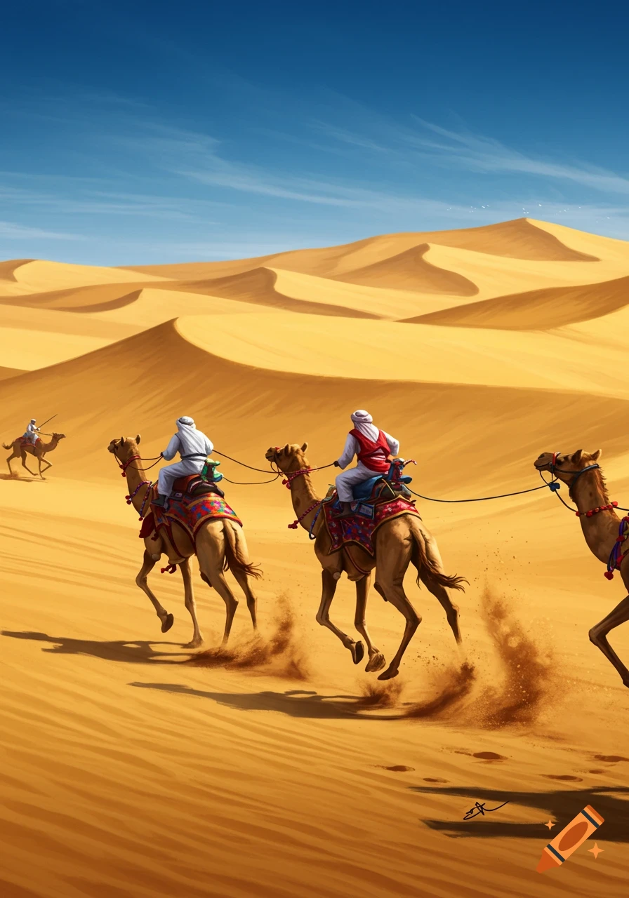 Illustrated scene of three riders on camels racing across a vast sand desert under a clear blue sky.