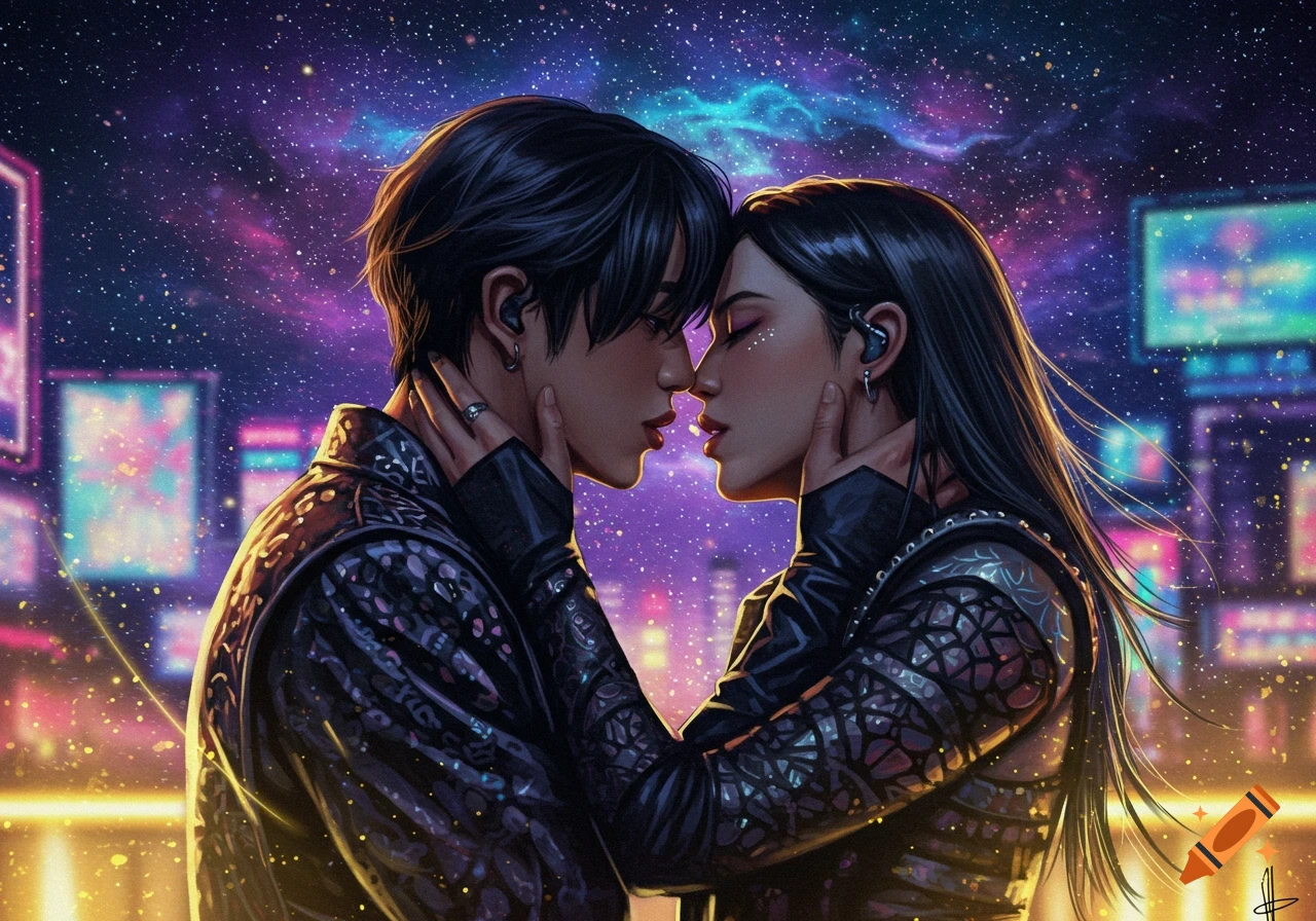A stylized digital art image of a man and a woman embracing, about to kiss, under a vibrant starry sky with neon city lights in the background.