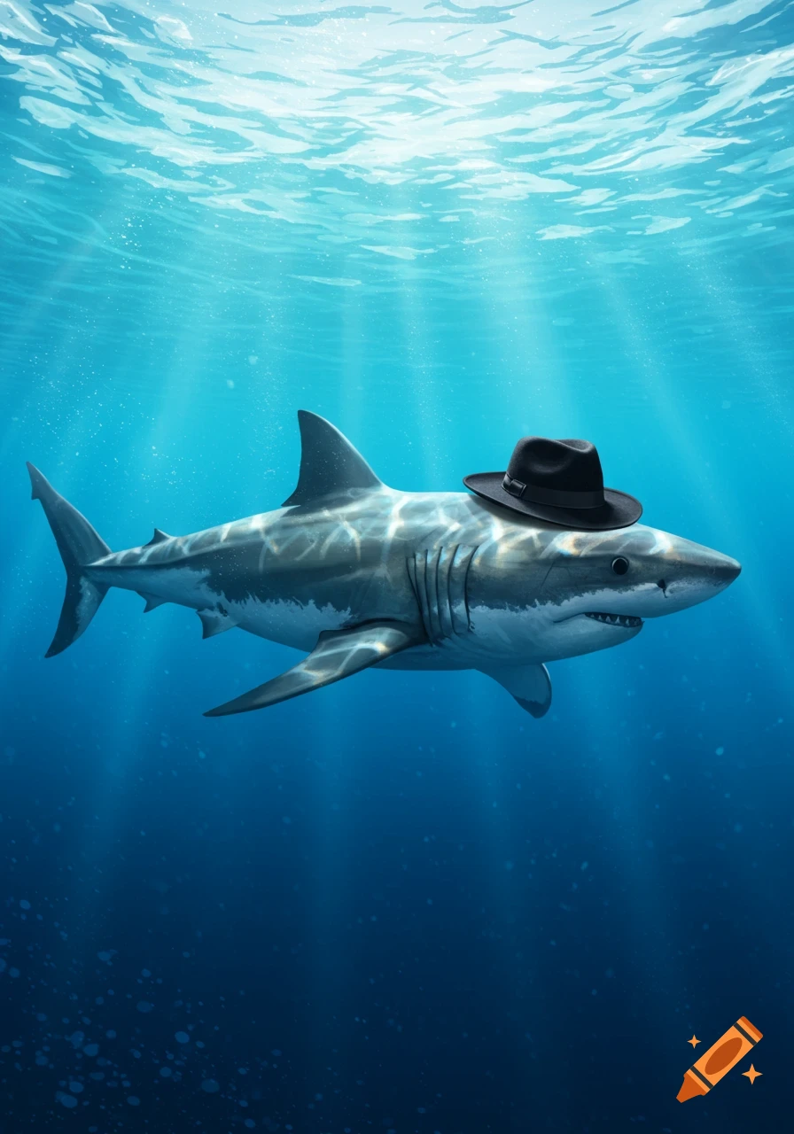 A great white shark wearing a black fedora hat swims in clear blue ocean water with sunbeams shining from above.