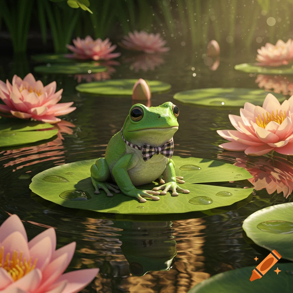 A photorealistic green frog wearing a plaid bow tie sits on a lily pad in a pond with pink water lilies.