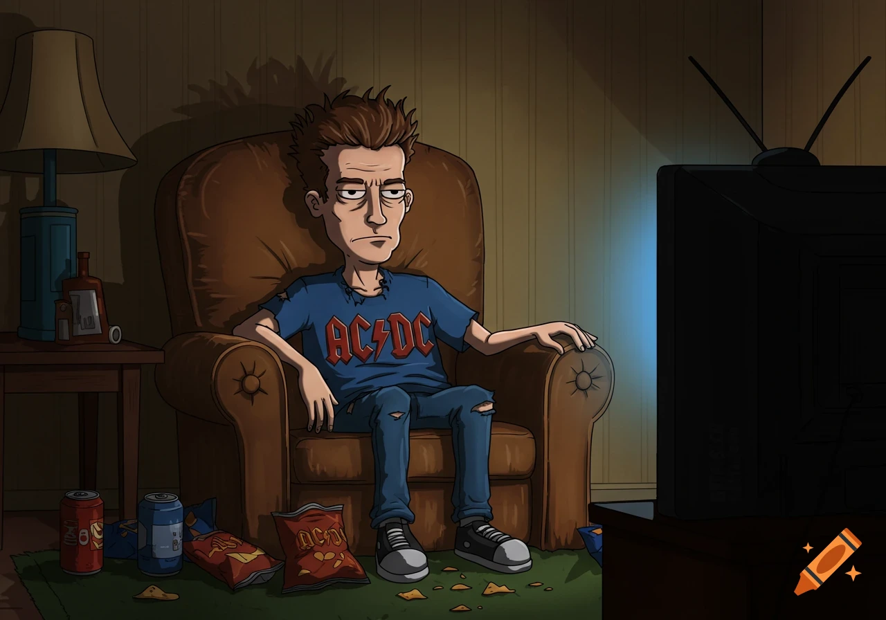 A cartoon man resembling Butt-Head in a ripped AC/DC shirt sits in a chair, watching TV, surrounded by snack bags.