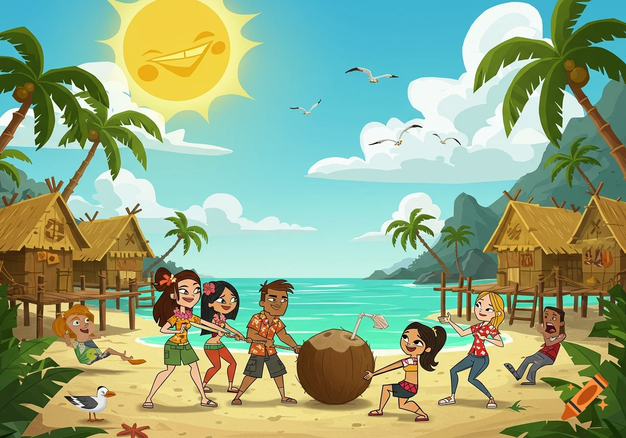 Cartoon characters play tug-of-war with a giant coconut on a sandy tropical beach with huts, palm trees, and a smiling sun.