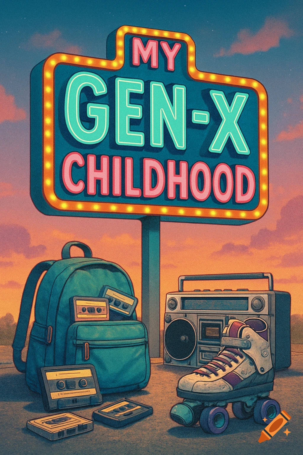 Retro cartoon illustration of a neon sign saying 'MY GEN-X CHILDHOOD' above a teal backpack, boombox, roller skate, and cassette tapes.