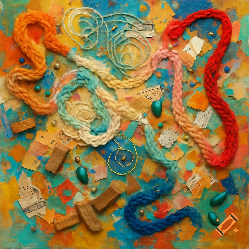 An abstract, colorful composition featuring braided yarn, beads, wood blocks, and paper fragments on a textured background.
