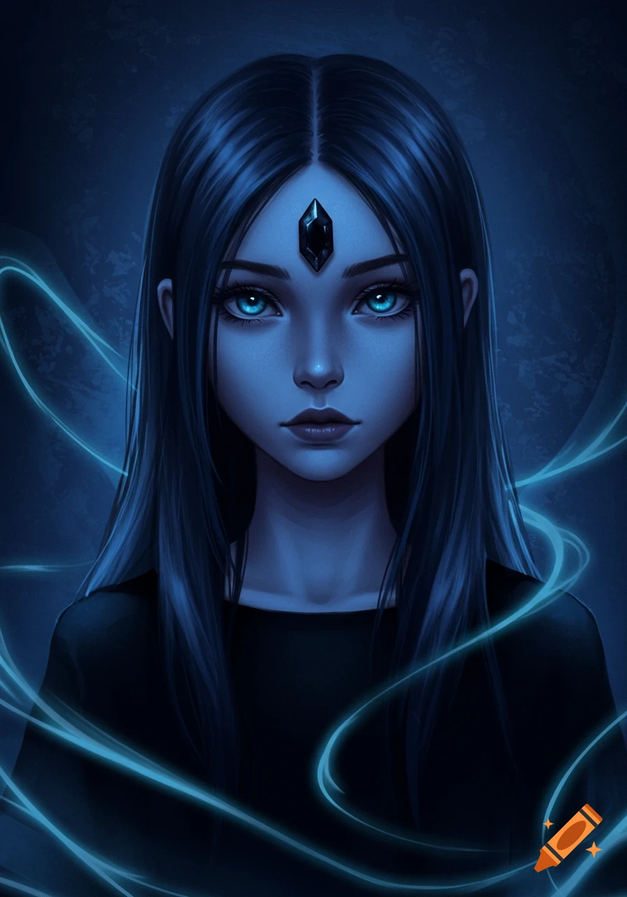 A digital painting of a girl with long dark hair, glowing blue eyes, and a black gem on her forehead, surrounded by blue light.