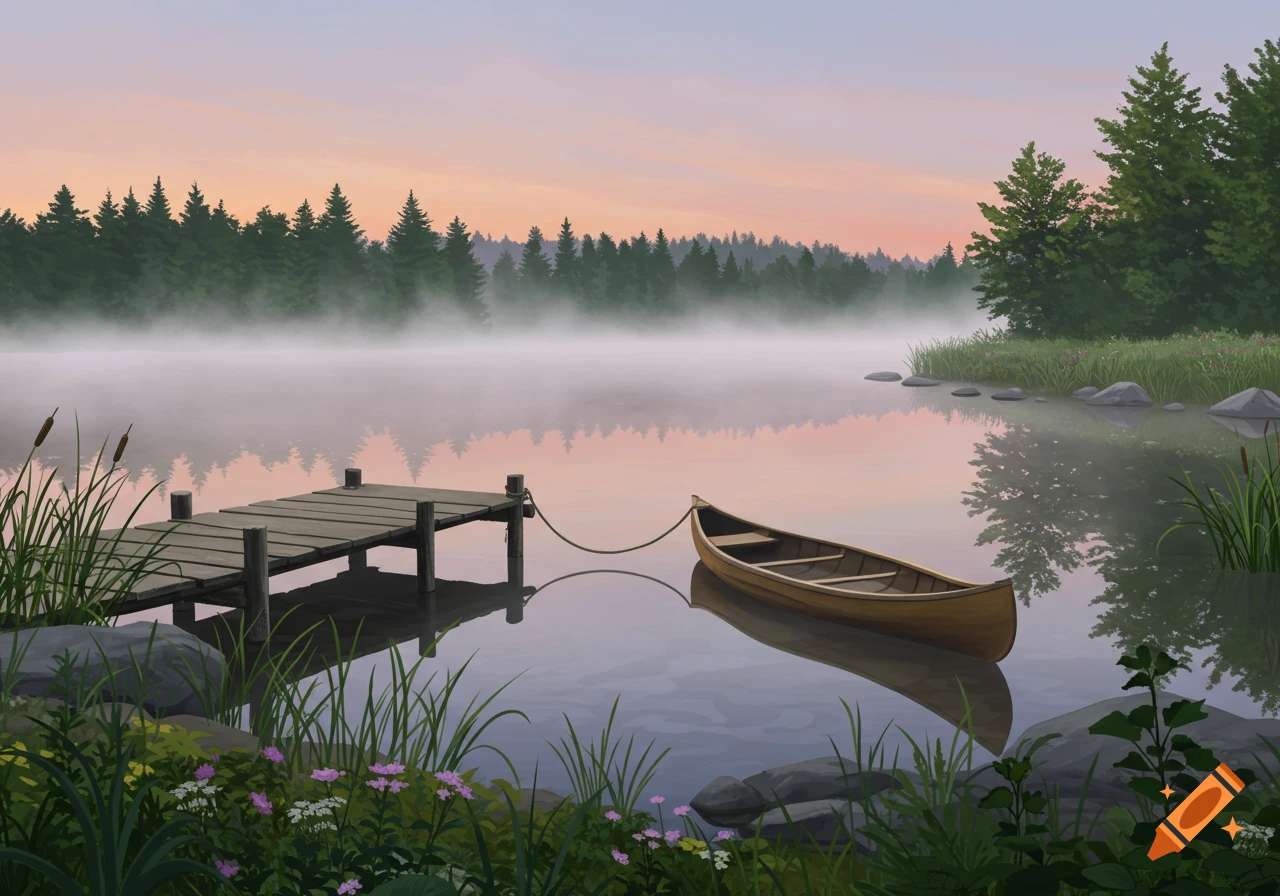 A serene drawing of a misty lake with a wooden dock and a canoe at sunrise, bordered by pine trees and reeds.