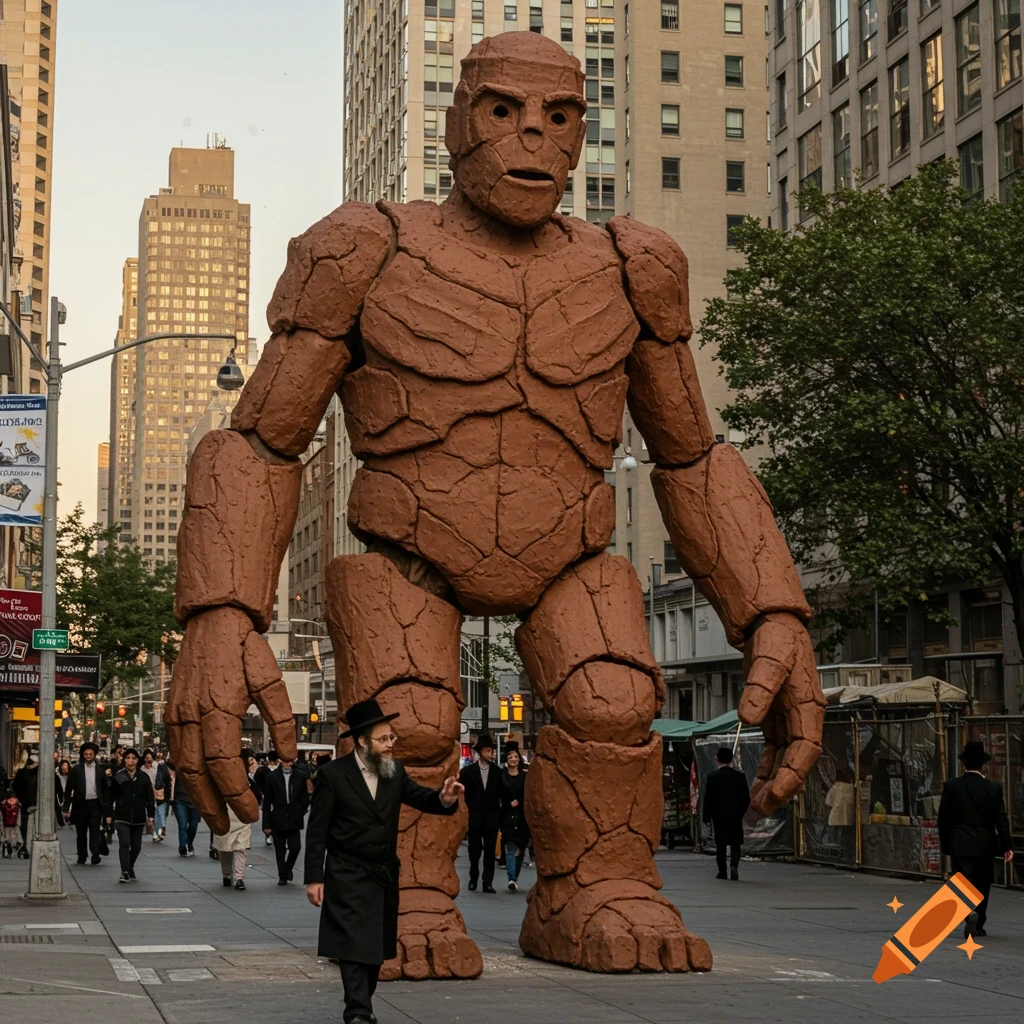 A giant brown golem with rock-like skin walks down a busy city street, led by a man in a black coat and hat. Tall buildings line the street.