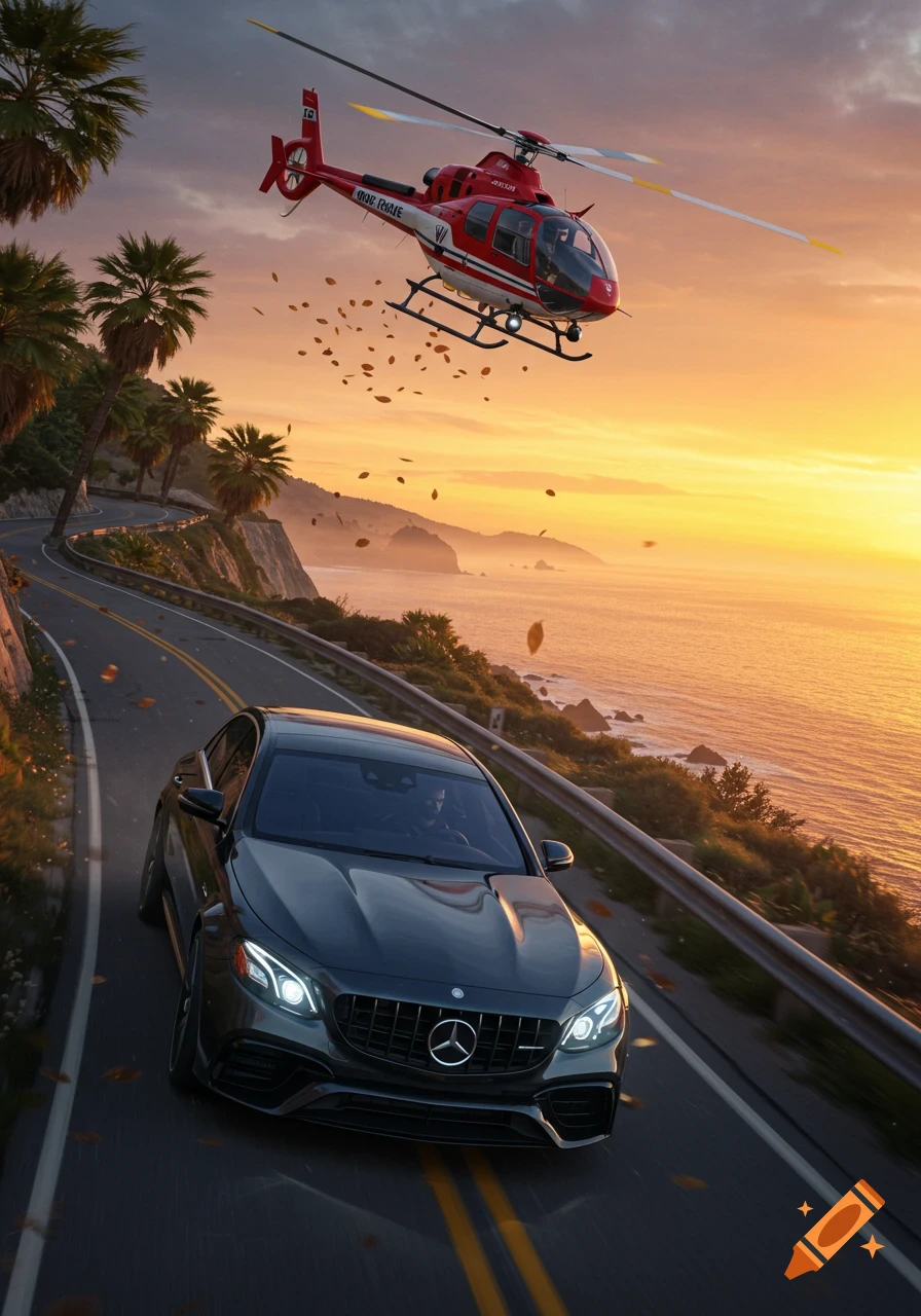 A dark Mercedes drives on a winding coastal road at sunset, with a red helicopter flying overhead.