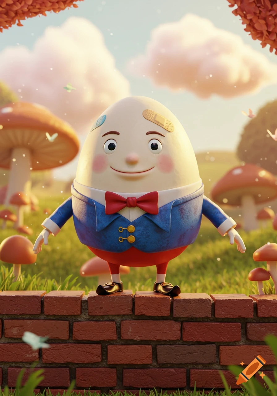 Cartoonish Humpty Dumpty with band-aids on a brick wall in a vibrant, whimsical garden with mushrooms and autumn leaves.