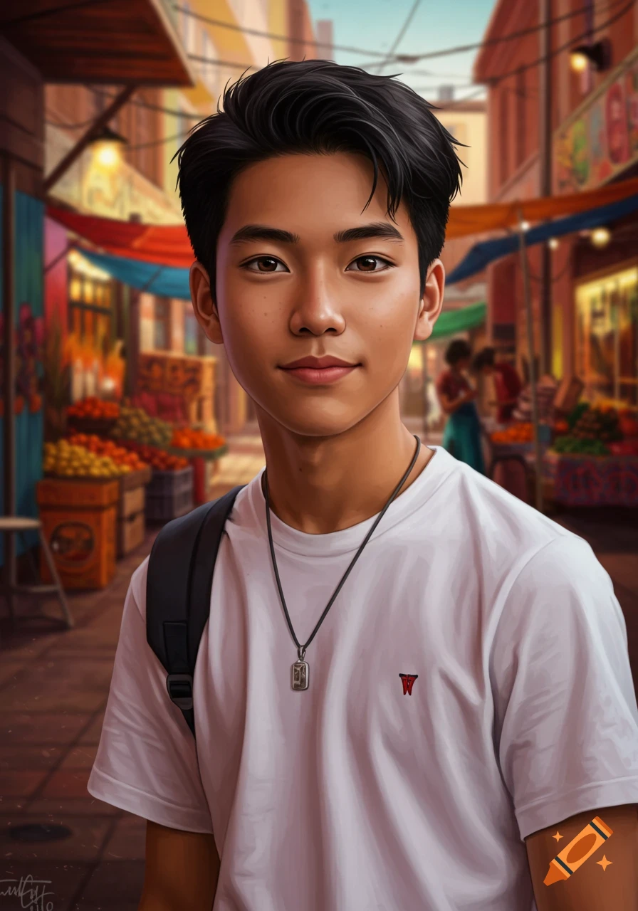 Stylized portrait of a young man with dark hair and a white t-shirt, wearing a pendant, in a vibrant market street.