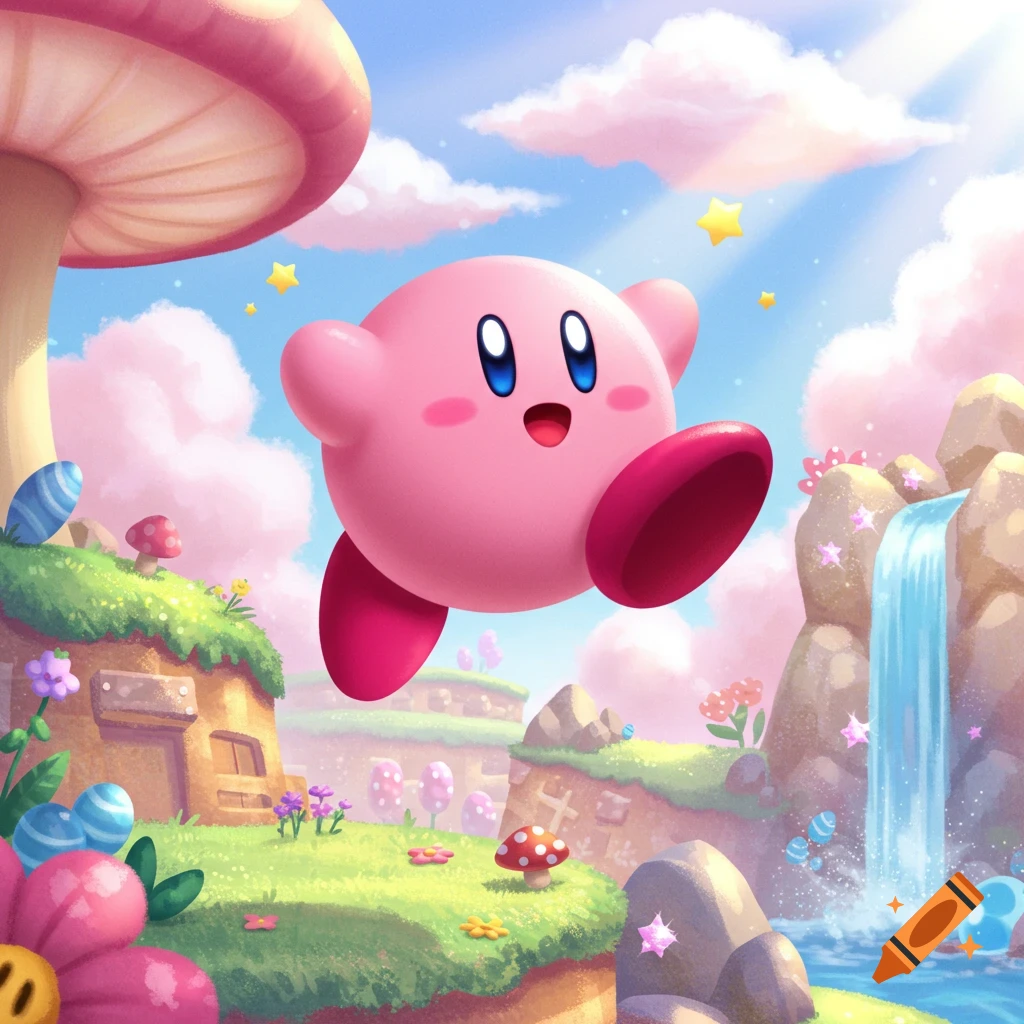 Happy Kirby floats through a vibrant, whimsical landscape with pink clouds, giant mushrooms, and a sparkling waterfall in a cartoon style.