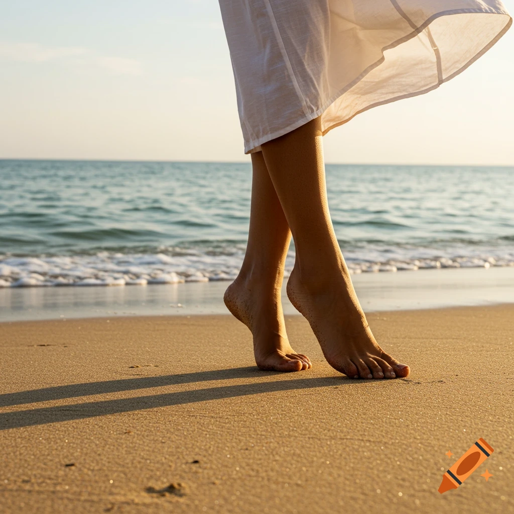 Barefoot woman's legs and feet on a sandy beach at sunset with the ocean and waves in the background.