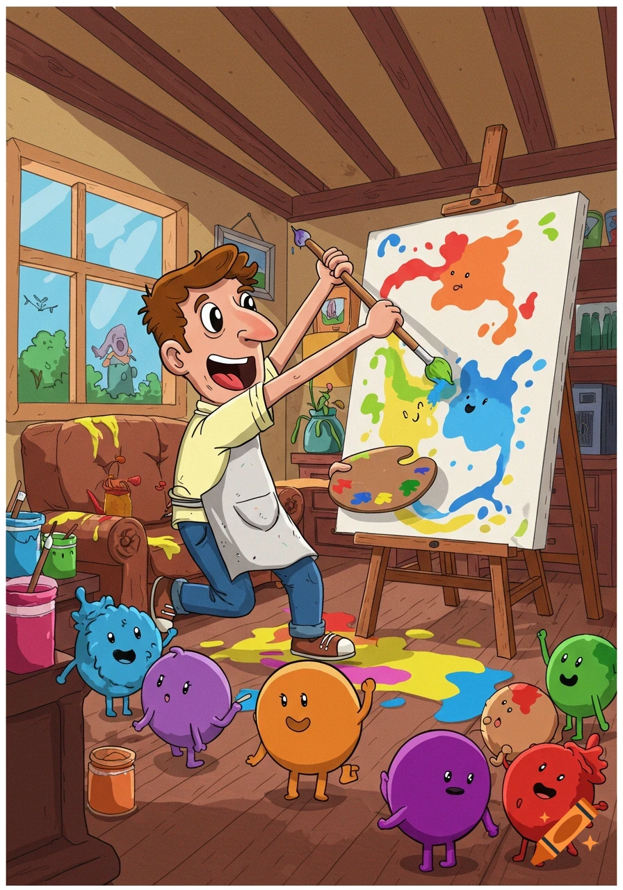 A happy cartoon man in an apron paints colorful, smiling blob creatures onto a canvas in a messy art studio, with more blobs on the floor.